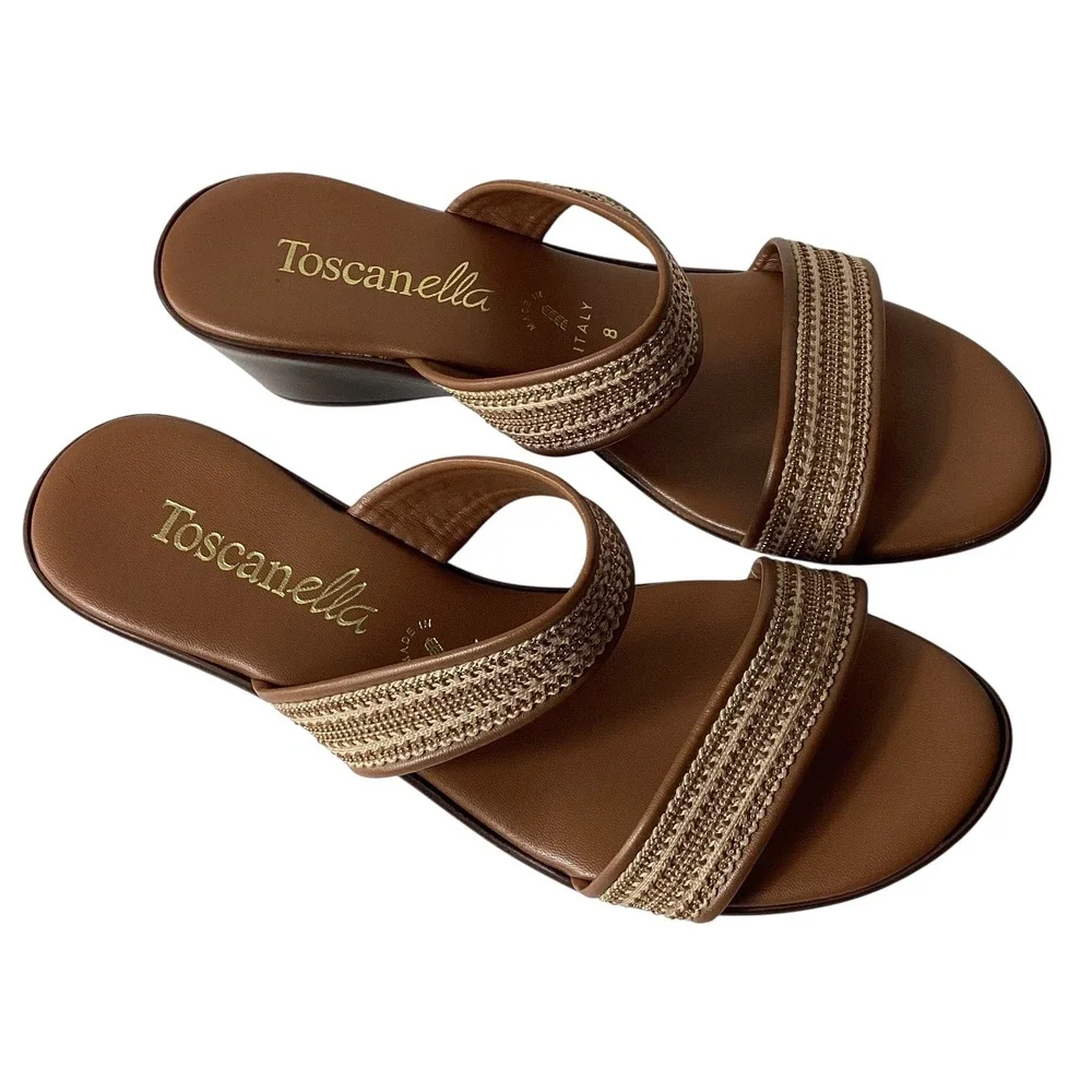 Toscanella Italian Brown Leather Wedge Sandals Gold Woven Slides Size 8 Italy